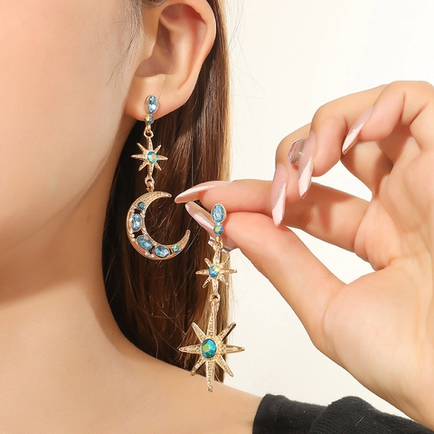 Asymmetric Star Moon Dangle Earrings For Women Vintage Gold Plated Alloy Blue Rhinestone Statement Jewelry Gift Accessory
