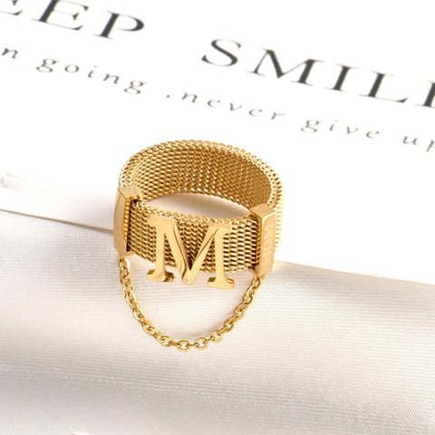 Hip Hop Titanium Steel Mesh Ring For Women Bold Letter M Design With Decorative Chain Fashion Personalized Jewelry Finger Ring