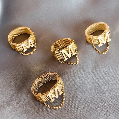 Hip Hop Titanium Steel Mesh Ring For Women Bold Letter M Design With Decorative Chain Fashion Personalized Jewelry Finger Ring