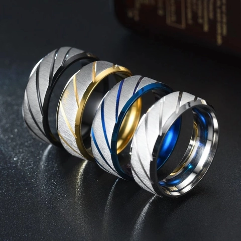 Anillo de Acero Inoxidable Cepillado para Hombre Mujer Moda Borde Biselado Anillos de Banda de Acero de Titanio Azul Oro Negro Ranurado Joyería