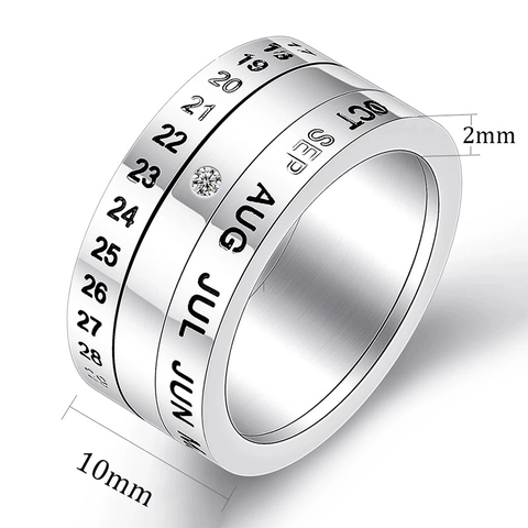 Stainless Steel Calendar Spinner Ring For Men Women Rotating Date Month Letters Numeral Band Fashion Finger Jewelry Gift