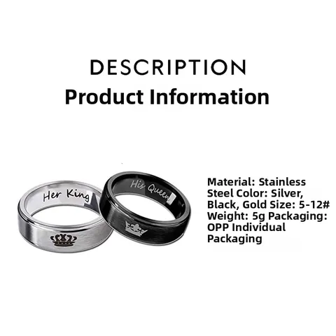 Stainless Steel Couple Rings Her King His Queen Crown Brushed Engagement Rings For Men Women Wedding Anniversary Jewelry