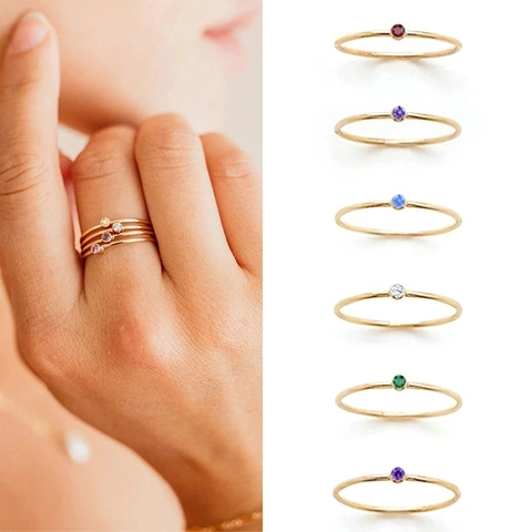 Anillo de Piedra de Nacimiento Minimalista de Acero Inoxidable para Mujer Chapado en Oro 14K Zirconia Anillo Delgado Joyería