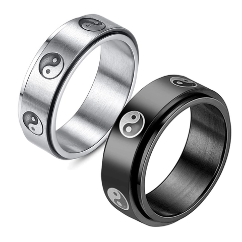 8MM Stainless Steel Yin Yang Spinner Ring For Men Women Stress Relief Rotatable Retro Tai Chi Band Ring Fashion Jewelry