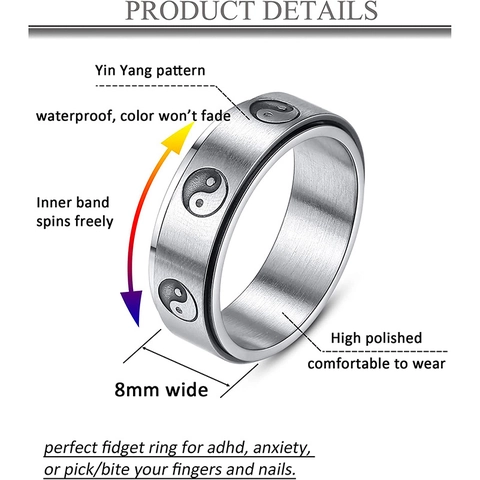 8MM Stainless Steel Yin Yang Spinner Ring For Men Women Stress Relief Rotatable Retro Tai Chi Band Ring Fashion Jewelry