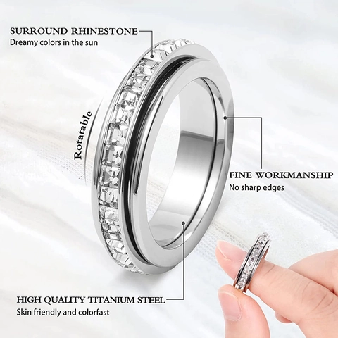 Anillo Giratorio de Acero Inoxidable para Mujer Anillo de Ansiedad de Acero de Titanio con Circonita Cuadrada Joyería