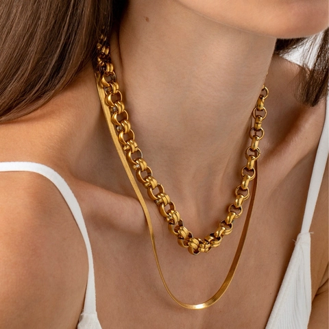 Minimalist Stainless Steel Double Layer Necklace For Women 18K Gold Plated Round Link Rolo And Snake Bone Chain Stacked Jewelry