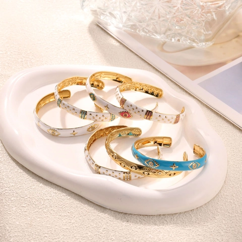 Bracciale Rigido Aperto in Acciaio Inossidabile Vintage Malocchio Stella Smalto Colorato Strass per Donna Gioielli Bohémien