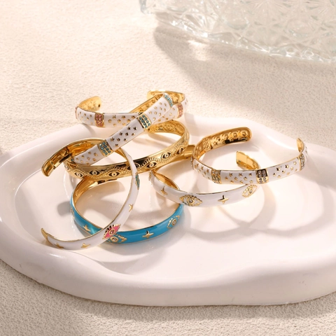 Bracciale Rigido Aperto in Acciaio Inossidabile Vintage Malocchio Stella Smalto Colorato Strass per Donna Gioielli Bohémien