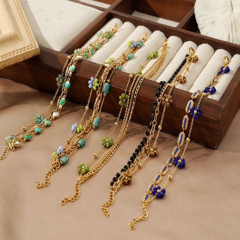 Bracciale Multistrato in Acciaio Inossidabile Placcato Oro con Fiori e Cuore per Donna Gioielli con Catena di Perline