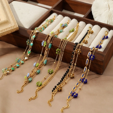 Bracciale Multistrato in Acciaio Inossidabile Placcato Oro con Fiori e Cuore per Donna Gioielli con Catena di Perline