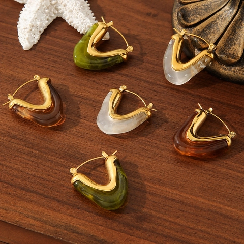 Gold Plated Stainless Steel V Shaped Chunky Hoop Earrings With Acrylic Resin Inlay For Women Vintage Geometric Jewelry