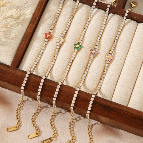 Bracciale Tennis in Acciaio Inossidabile Placcato Oro per Donna Con Zirconia Intarsiata Braccialetto a Maglie Floreali Regolabile