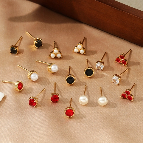 Orecchini a Bottone Vintage in Perla Artificial Sintetica e Zirconia Con Perno in Acciaio Inossidabile Oro Placcato Geometrici Tondi Donna