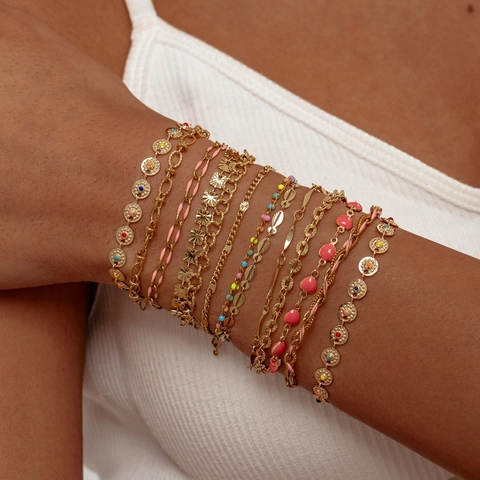 Bracciale Multistrato in Acciaio Inossidabile Boho Con Cuore e Luna Catena Donna Oro 18K Smalto Gioielli Geometrici Regalo