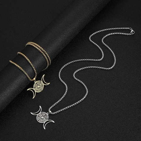 Dreifache Mond Hekate Rad Anhänger Halskette Edelstahl 18K Vergoldet Mystisch Gotisch Symbol Schmuck Für Damen Herren Boxkette