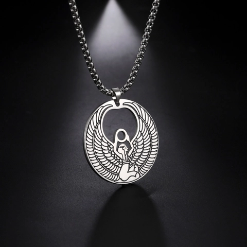 Vintage Edelstahl Ägyptische Göttin Isis Flügel Anhänger Halskette Für Herren Damen Unisex Silberton Schmuck 60cm Kette