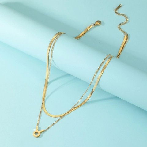 Stainless Steel Double Layer Zodiac Sign Necklace For Women Gold Plated Snake Chain 12 Constellation Pendant Layering Jewelry