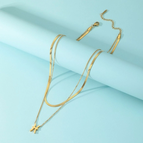 Stainless Steel Double Layer Zodiac Sign Necklace For Women Gold Plated Snake Chain 12 Constellation Pendant Layering Jewelry