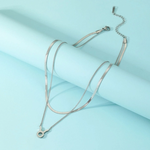 Double Layer Stainless Steel Zodiac Necklace For Women Men Herringbone Snake Chain Cable Chain Constellation Pendant Jewelry