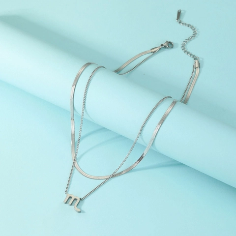 Double Layer Stainless Steel Zodiac Necklace For Women Men Herringbone Snake Chain Cable Chain Constellation Pendant Jewelry