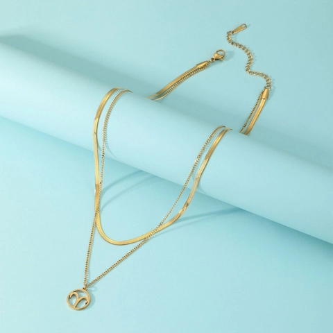 Double Layer Stainless Steel Zodiac Necklace Gold Plated Constellation Pendant Snake Chain For Women Men Jewelry Gift
