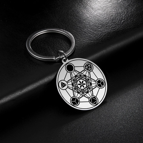 Metatron's Cube Sacred Geometry Stainless Steel Keychain Round Pendant Laser Engraved Titanium Steel Key Ring For Unisex Gift