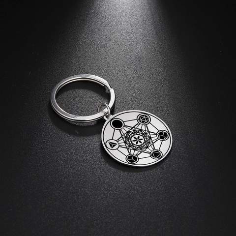 Metatron's Cube Sacred Geometry Stainless Steel Keychain Round Pendant Laser Engraved Titanium Steel Key Ring For Unisex Gift