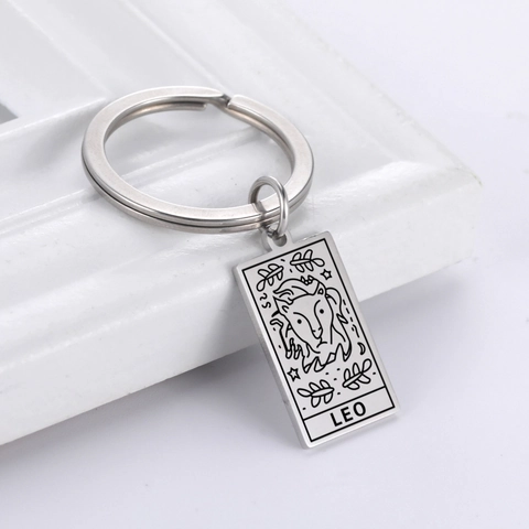 Portachiavi Zodiaco in Acciaio Inossidabile Vintage Stile Tarocchi Pendente Rettangolare Oro Argento Inciso al Laser Regalo Uomo Donna