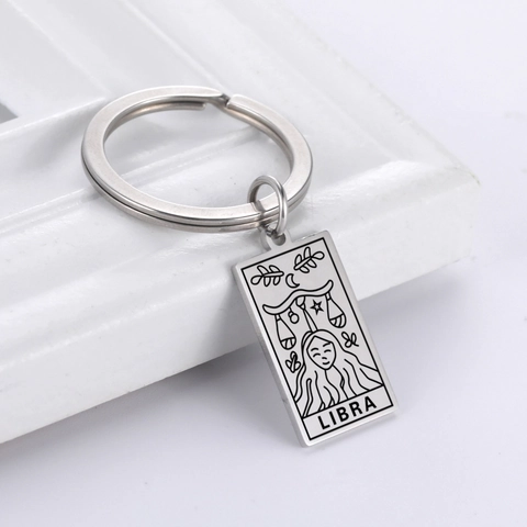 Portachiavi Zodiaco in Acciaio Inossidabile Vintage Stile Tarocchi Pendente Rettangolare Oro Argento Inciso al Laser Regalo Uomo Donna