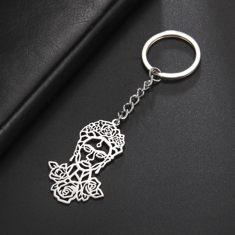 Portachiavi in Acciaio Inossidabile Traforato con Ritratto Donna con Corona di Fiori Ciondolo Artistico Anello per Chiavi Gioielli