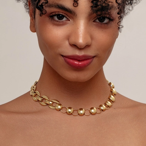 18K Gold Plated Stainless Steel Chunky Link Necklace Spliced Matte Round Bead O-Chain Adjustable For Women Jewelry Gift