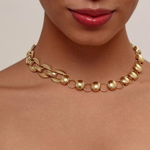 18K Gold Plated Stainless Steel Chunky Link Necklace Spliced Matte Round Bead O-Chain Adjustable For Women Jewelry Gift