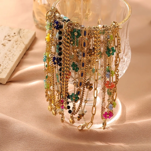 Bracciale a Strati Bohemien in Acciaio Inossidabile Donna Fiore Resina Colorata Ciondolo a Cuore Catena Placcata Oro Gioielli