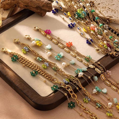 Bracciale a Strati Bohemien in Acciaio Inossidabile Donna Fiore Resina Colorata Ciondolo a Cuore Catena Placcata Oro Gioielli