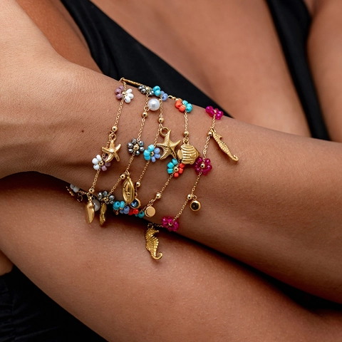 Bracciale con Perline Tema Oceano Oro Acciaio Inossidabile Ciondoli Cavalluccio Marino Stella Marina Conchiglia Gioielli