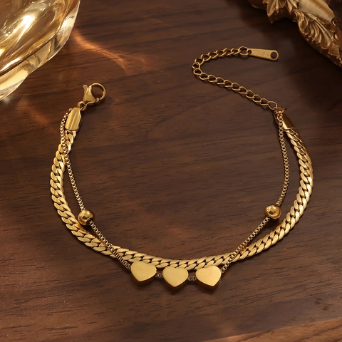 Bracciale a Doppio Strato in Acciaio Inossidabile con Ciondolo a Cuore Stella Placcato Oro Smalto Gioielli Minimalista Regalo