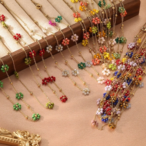 Elegante Collana Con Ciondolo a Fiore in Acciaio al Titanio Catena Colorata con Perle Artificiali Gioielli da Donna Regalo Quotidiano