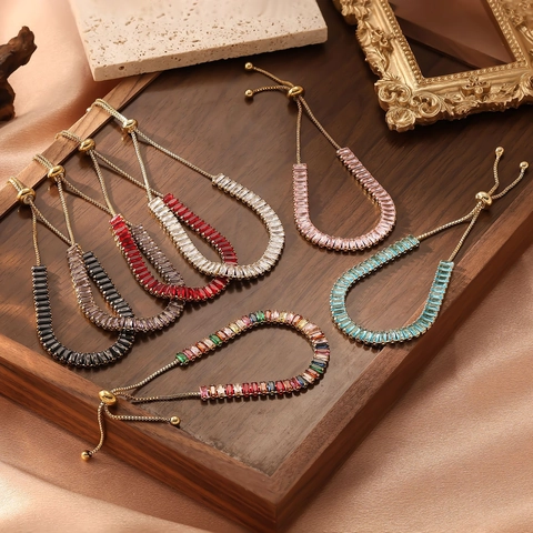 Luxus 18K Vergoldet Edelstahl Mikro-Fassung Baguette-Schliff Zirkon Verstellbares Bolo Armband Für Damen Hip Hop Schmuck