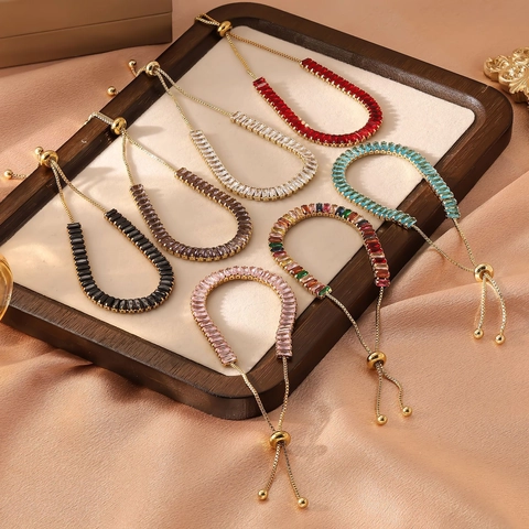 Luxus 18K Vergoldet Edelstahl Mikro-Fassung Baguette-Schliff Zirkon Verstellbares Bolo Armband Für Damen Hip Hop Schmuck