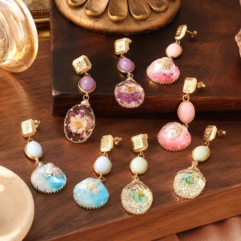Vintage Stainless Steel Flower Dangle Earrings Handmade Real Dried Flower Resin Shell Drop Earrings Women Jewelry