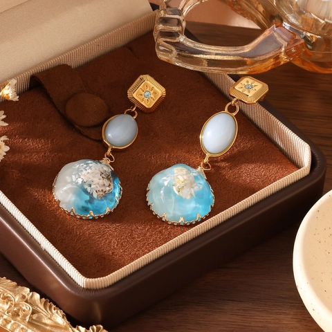 Vintage Stainless Steel Flower Dangle Earrings Handmade Real Dried Flower Resin Shell Drop Earrings Women Jewelry