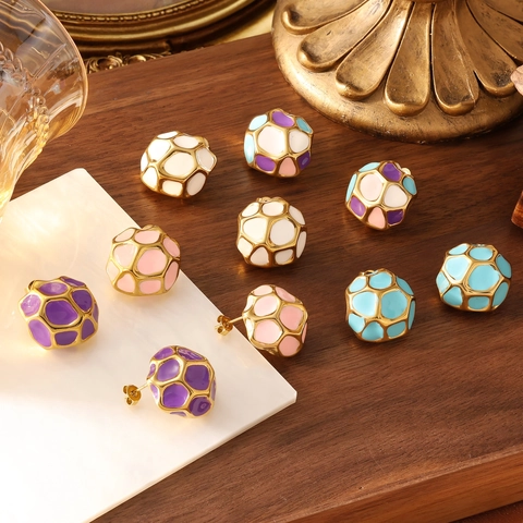 Orecchini a Bottone Geometrici in Smalto di Acciaio Inossidabile Vintage per Donna Design a Nido d'Ape Placcato Oro Gioielli Colorati