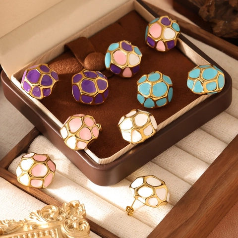 Orecchini a Bottone Geometrici in Smalto di Acciaio Inossidabile Vintage per Donna Design a Nido d'Ape Placcato Oro Gioielli Colorati