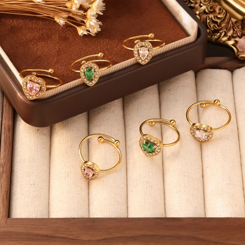 Lussuosi Anelli Regolabili Aperti in Acciaio Inossidabile a Cuore Goccia con Zirconia per Donna Gioielli Moda Regalo Placcati Oro