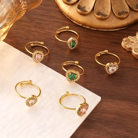 Lussuosi Anelli Regolabili Aperti in Acciaio Inossidabile a Cuore Goccia con Zirconia per Donna Gioielli Moda Regalo Placcati Oro