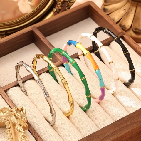 18K Vergoldeter Edelstahl Bambusknoten Armreif Für Damen Vintage Emaille Tropföl Offenes Armband Übertriebener Schmuck