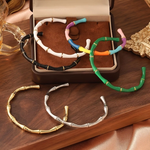 18K Vergoldeter Edelstahl Bambusknoten Armreif Für Damen Vintage Emaille Tropföl Offenes Armband Übertriebener Schmuck