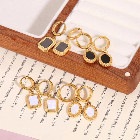 Vintage Stainless Steel Gold Plated Geometric Drop Earrings Minimalist Black White Enamel Oval Rectangle Dangle Earrings Jewelry