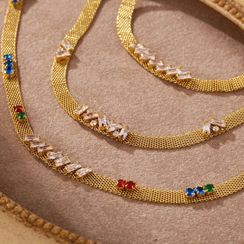 Vintage 18K Gold Plated Stainless Steel Mesh Chain Necklace For Women Geometric Rhinestone Inlaid Clavicle Necklace Bracelet Jewelry